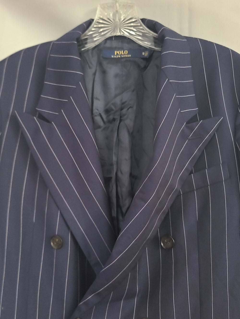 Polo Ralph Lauren Womens 10 Navy White Pin Stripe Double Breasted Office Blazer - Picture 3 of 4
